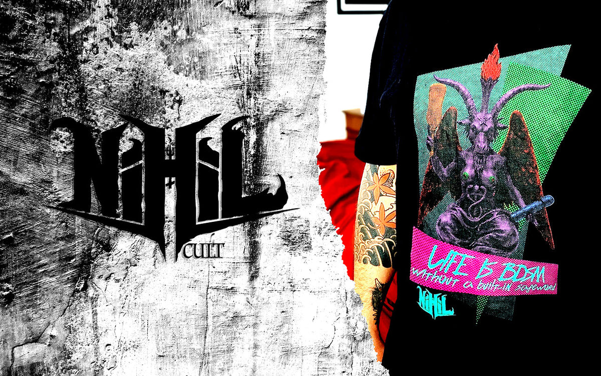 Logo Nihil Cult à gauche et personne portant un t-shirt noir imprimé à droite