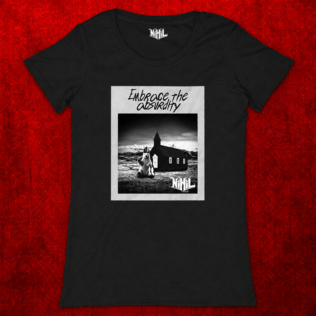 T-shirt femme noir avec illustration noir et blanc d’une église et inscription Embrace the absurdity, sur fond rouge