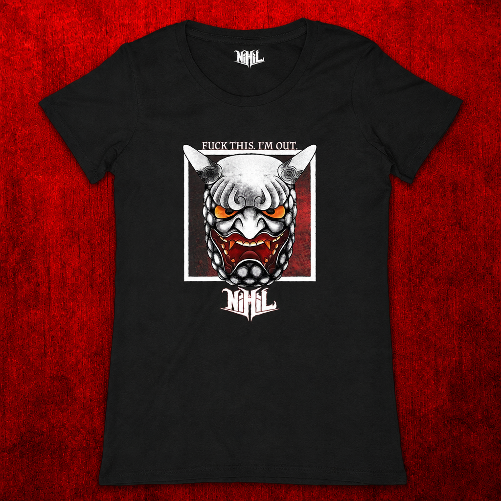 T-shirt femme noir avec masque aux yeux orange et inscription Fuck This. I'm Out., sur fond rouge