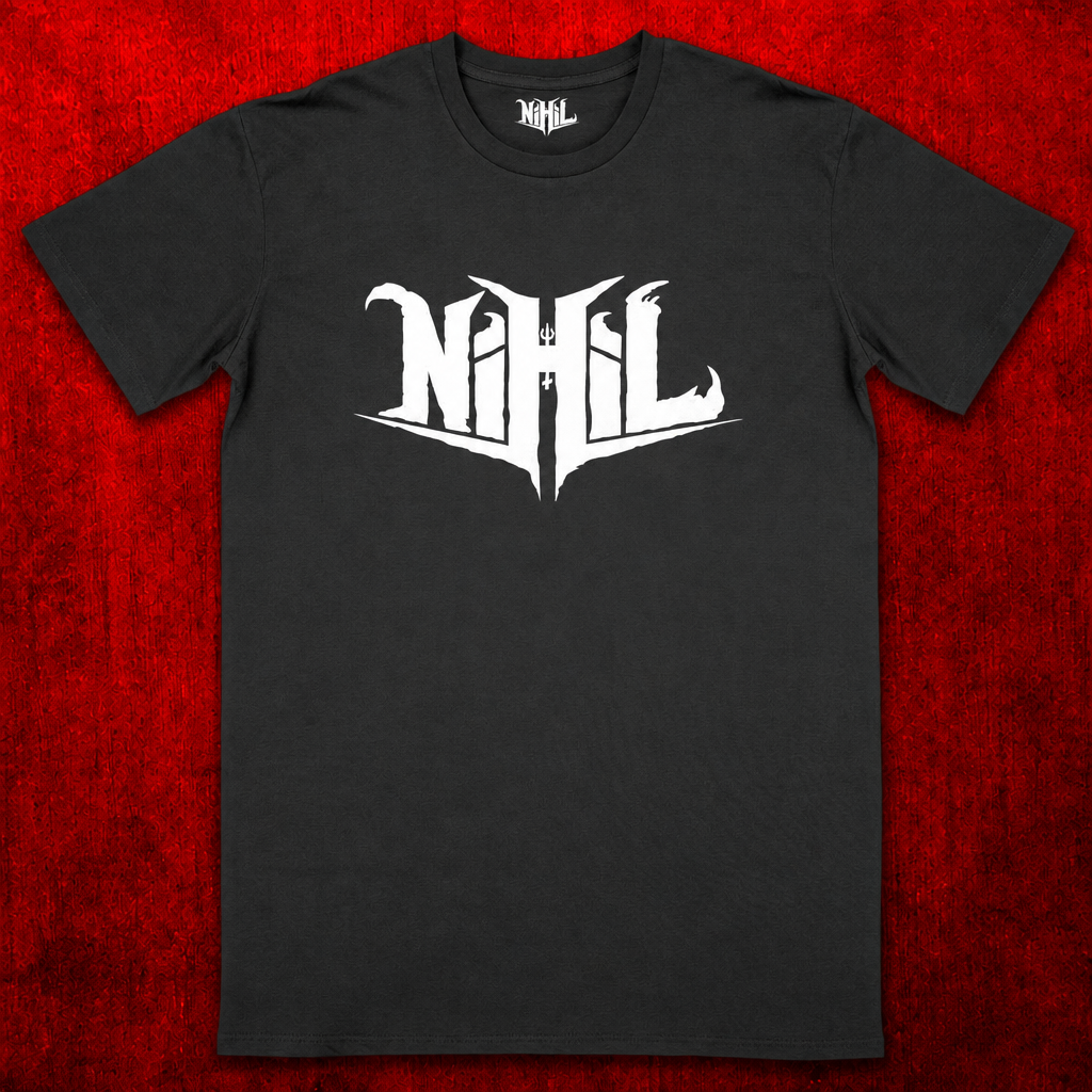 T-shirt unisexe noir avec grand logo Nihil blanc sur fond rouge