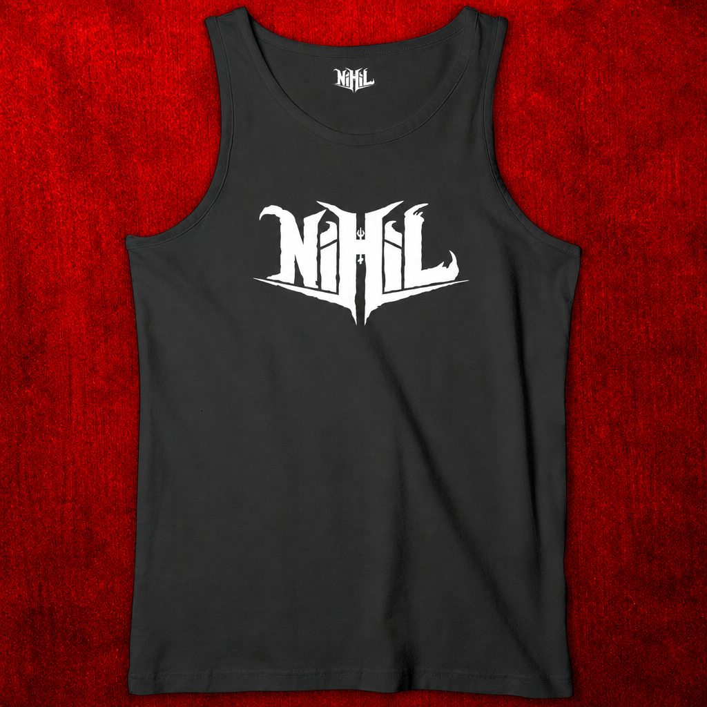 Débardeur homme noir avec logo Nihil blanc sur fond rouge