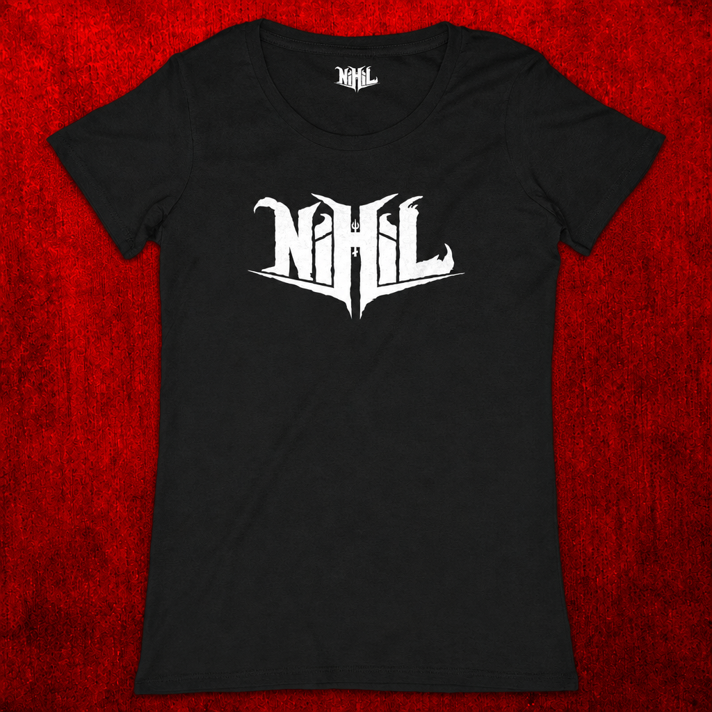 T-shirt femme noir avec logo Nihil blanc sur fond rouge