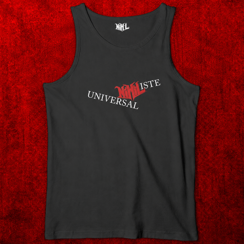 Débardeur homme noir avec inscription Universal’NIHIL’iste blanche et rouge sur fond rouge