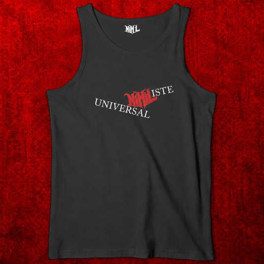 Débardeur homme noir avec inscription Universal’NIHIL’iste blanche et rouge sur fond rouge