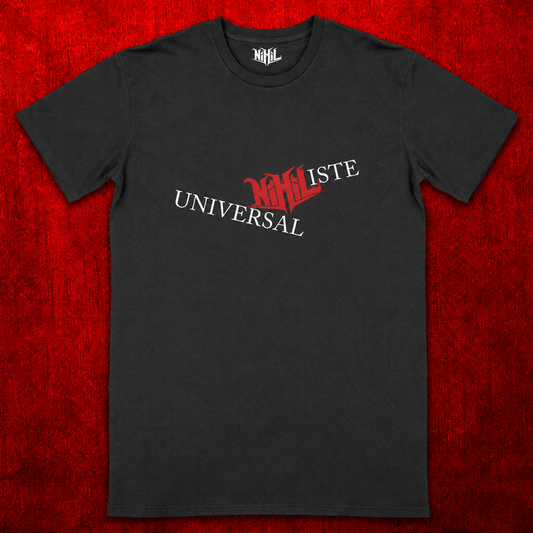 T-shirt unisexe noir avec inscription Universal’NIHIL’iste blanche et rouge sur fond rouge