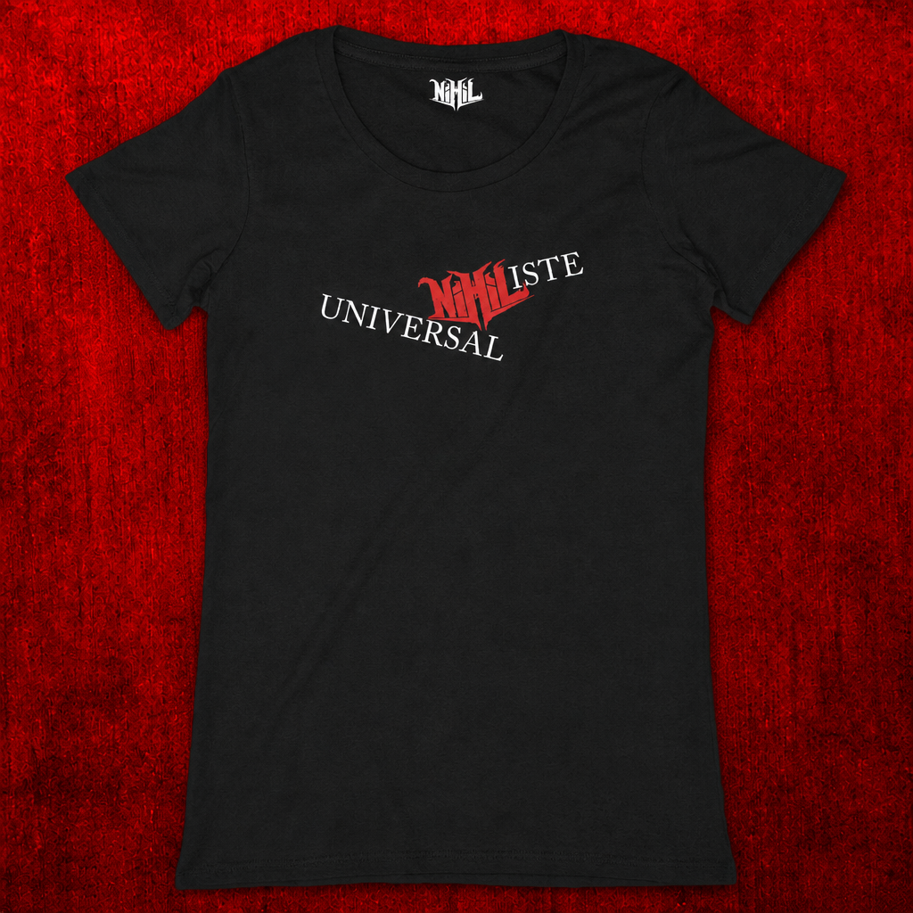T-shirt femme noir avec inscription Universal’NIHIL’iste blanche et rouge sur fond rouge