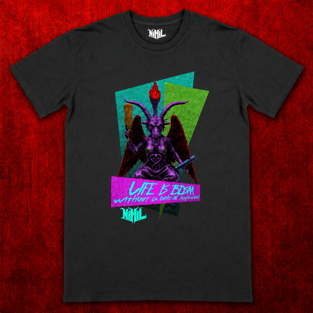 T-shirt unisexe noir avec personnage violet à cornes et motif multicolore sur fond rouge